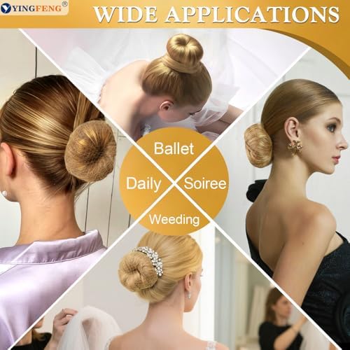 YINGFENG 134 Pcs Gold Hair Bun Maker Kit Medium - 4 Bun Hair Pieces for Women, 20 Hair Net for Buns, 100 Bobby Pins for Women, 10 Hair Bands, for Ballet Styling, Hair Accessories for Girls - Image 2