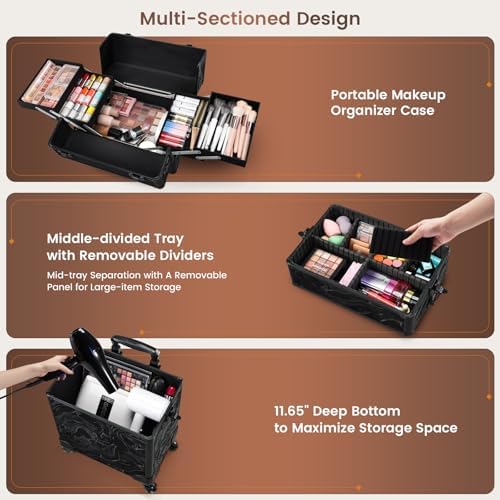 FRENESSA 3 in 1 Rolling Makeup Case Cosmetology Case on Wheels Alpine Black - Image 3