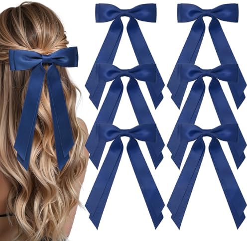 6PCS Navy Blue Hair Bows, Large Ribbon Bow Hair Clips for Girls Women Cute Ponytail Holder Accessories for Toddlers Kids Teens by AILEAM