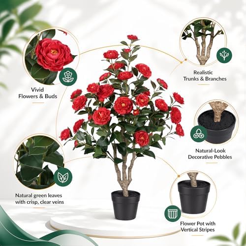 3ft Artificial Camellia Tree 2 Pack, 36" Faux Potted Camellia Plant with Vibrant Red Silk Flowers, UV Resistant Fake Flowering Tree for Front Porch Indoor Outdoor Home Office Floor Decor - Image 3