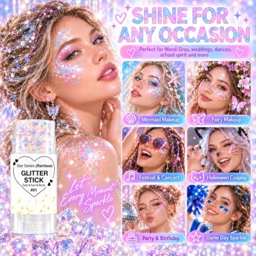 Rainbow White Hair Glitter Stick for Kids, Face Body Glitter Stick for Halloween Mermaid Fairy Costume Makeup, Chunky Sequins Rave Outfit for Women, Mardi Gras Accessories, Cheer Concert Cosplay - Image 7
