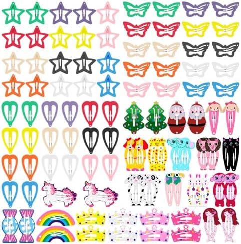 KUBOM 100 Pcs Candy Color Hair Clips,Colorful Hair Barrette Metal Cute Snap Hair Clips for Girls, Toddlers, Kids (Animals Fruits Crowns Stars) by KUBOM