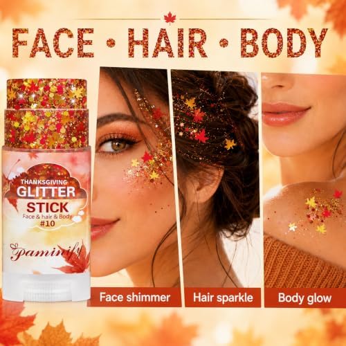 Orange Fall Leaf Thanksgiving Hair Face Glitter Stick,Orange Red and Gold Fall Body Glitter Stick,Autumn Holographic Mixed Color Maple Leaf for Thanksgiving Party Chunky Glitter Makeup - Image 4