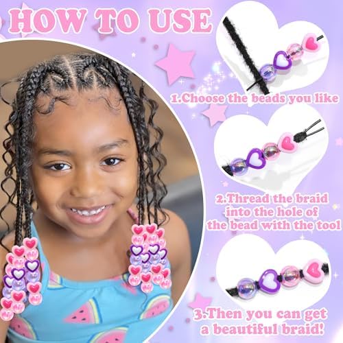 NAISKA 112PCS Pink Purple Hair Beads 12 Styles Box Beads for Hair Cute Pony Bead Heart Braids Jewelry Multi-Styles Hair Accessories for Kids Girls - Image 5