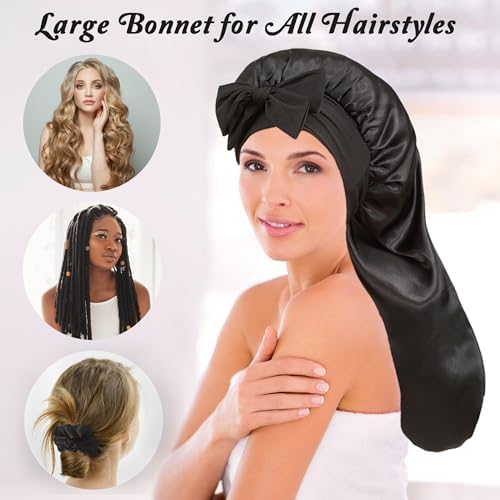 vidsel Long Bonnet with Tie, Satin Silk Sleep Bonnets for Women +Scrunchie - Image 3
