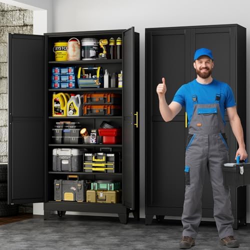 75" Metal Garage Storage Cabinet with 2 Doors and 5 Adjustable Shelves,Metal Storage Cabinets,Steel Tool Cabinets for Home,Office,Garage,Warehouse (Black, 75''H x 36''W x 18''D) - Image 2