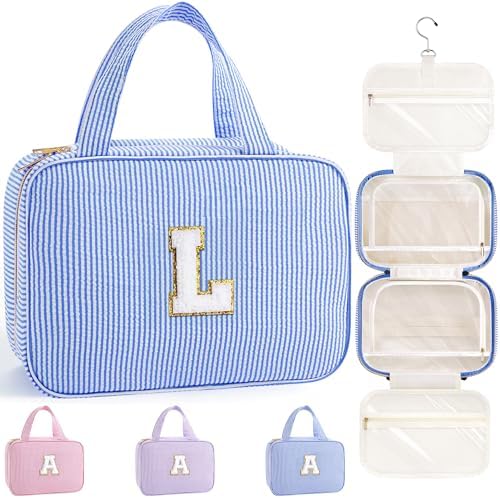 TOPEAST Travel Hanging Toiletry Bag, Personalized Initial Toiletry Pouch, Birthday Gifts for Women Mom Daughter Sister Friends, Cruise Essentials, Blue L by TOPEAST