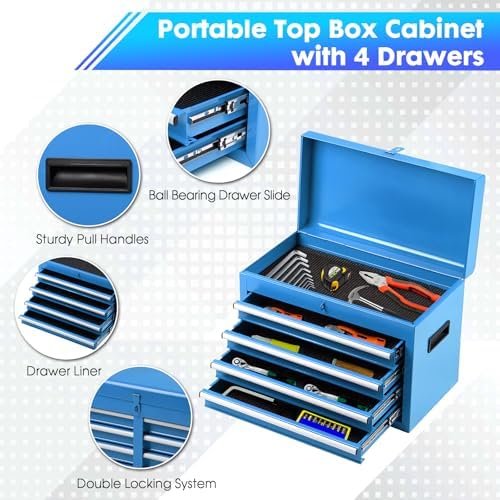 Dawmilon 5-Drawer Rolling Tool Chest with Wheels - Large Tool Storage Cabinet with Detachable Toolbox for Repair Room, Warehouse - Rolling Tool Box with Hooks, Liners, Blue - Image 4