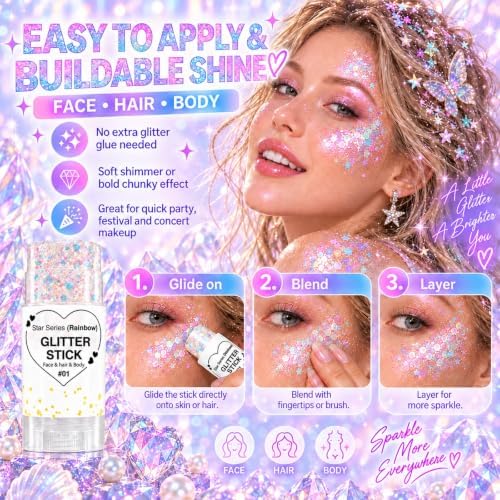 Rainbow White Hair Glitter Stick for Kids, Face Body Glitter Stick for Halloween Mermaid Fairy Costume Makeup, Chunky Sequins Rave Outfit for Women, Mardi Gras Accessories, Cheer Concert Cosplay - Image 4