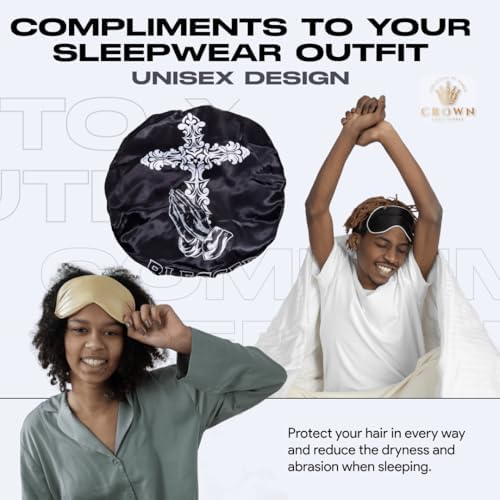 Silky Design Bonnet with Elastic Soft Band Adjustable Women and Men Bonnets for Sleeping Comfortable Satin Fabric (BlackCross) - Image 6