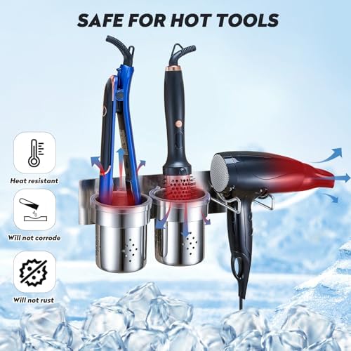 Hair Tools Organizer 5-in-1, Bathroom Hair Dryer Holder Wall Mount Adhesive, Hot Tools Holder Storage Metal with 2 Removable Cups, Blow Dryer Holder for Flat-Curling Iron, Brushes(Silver) - Image 7