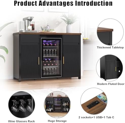 GDLF 53.2" Coffee Bar Cabinet with Fridge Space,Fluted Sideboard,Black - Image 6