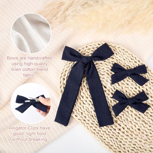 DEEKA Navy Cotton Linen Hair Bows 2 Sizes 5"&3.5" Soft Hair Bow set for Toddler Girls Long Ponytail Knot Bows Alligator Clip Hair Accessories for Little School Girls (Navy) - Image 2