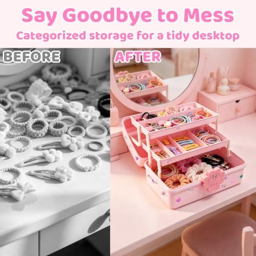 Hair Accessories Organizer, 3-Layer Plastic Storage Box with Handle,Pink - Image 4