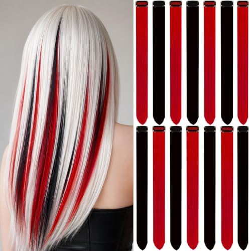 Colored Hair Extensions Clip in Red and Black Hairpiece 14 PCS by LADYAMZ