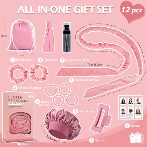Heatless Curls Overnight Headband, 70'' No Heat Hair Curlers with Hair Bonnet for Sleeping, Light Pink - Image 6