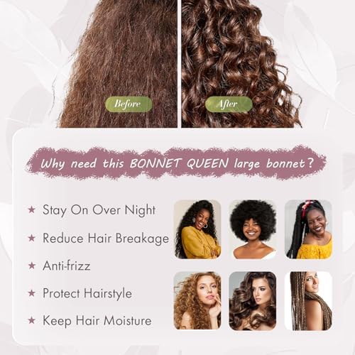 BONNET QUEEN XL Large Silk Like Bonnet for Sleeping for Curly Hair,Satin Bonnet with Adjustable Tie Band, Maroon - Image 5
