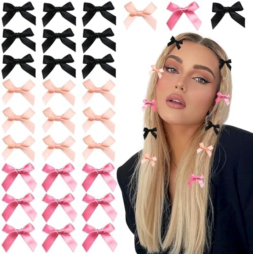 30PCS Bow Hair Clips 3 Colors Mini Hair Bows Kawaii Hair Ribbon Clips Black Pink Satin Bow Hair Accessories for Women Girls by YAEISM