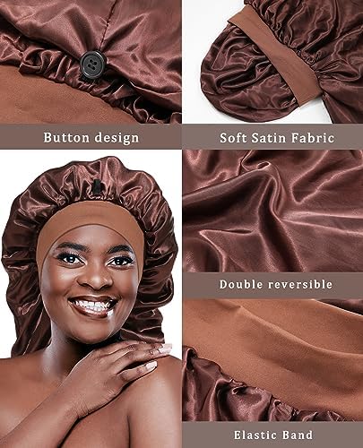 AWAYTR 2-Layer Satin Bonnet for Braids, Wide Band Long Sleep Cap Brown - Image 6