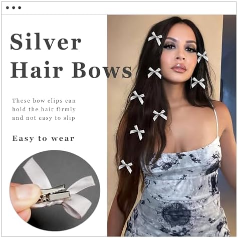30PCS Grey Mini Bow Hair Clips - Satin Small Bows Non-Slip Barrettes - Silver Y2K Accessories for Women - Image 6