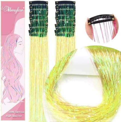 Hair Tinsel Pack of 12 Pcs Clip in Hair Tinsel 20 Inch Yellow Glitter Tinsel Hair Extensions Tinsel Fairy Hair Party Dazzle Hair Accessories Strands Kit (12Pcs,Dazzle Light Yellow#) - Image 2