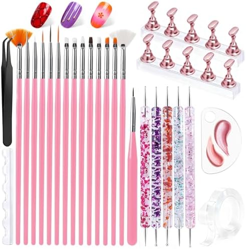 Artdone Nail Art Brushes With Nail Stands Nail Art Tool Set, Dotting Tools, Dust Brush,Striping Brushes for Long Lines, Drawing Pen For Gel Polish Design supply by Artdone