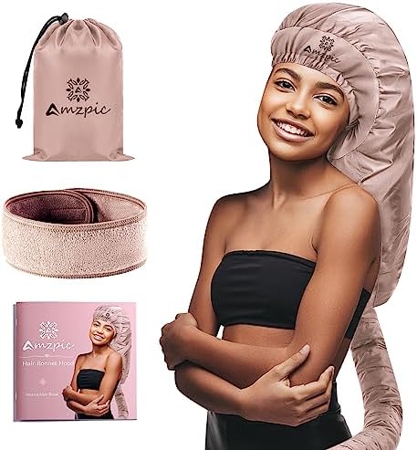 Bonnet Hair Dryer Attachment - Bonnet Hood Dryer with Headband that Reduces Heat Around Ears and Neck, Use for Hair Styling, Hair Drying, Curling and Deep Conditioning (Extended Version, Pink) by Amzpic