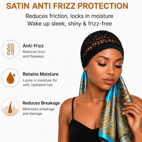 2 in 1 Wrap Cap Hair Net and Scarf for Silk Press, Satin Wrap Cap Bonnet for Women, Adjustable Stay-On Sleep Hair Net Scarf for All Hair Types - Image 3