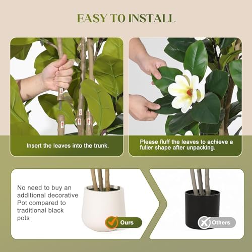 6 Inch Artificial Magnolia Tree with Pot, Faux Flower Tree with White Magnolia Blooms and Green Leaves, Potted Artificial Plant for Living Room, Bedroom, Office, Entryway, Store, Home Dector - Image 2