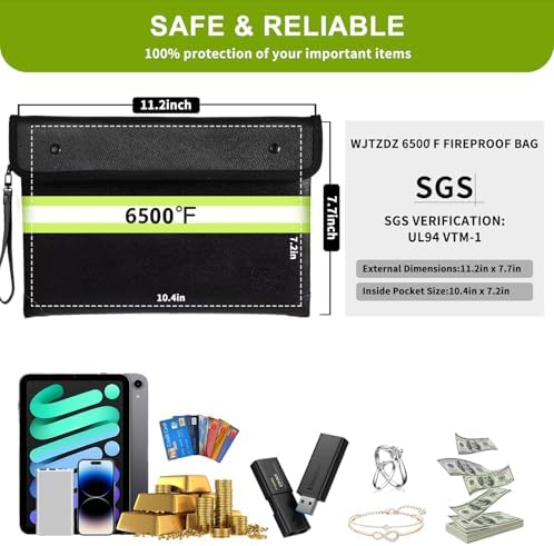 6500°F Fireproof Money Bag,Upgraded Fireproof Document Bag with Waterproof Zipper,10 Layers Heat Insulated Materials/Reflective Strip with Handle for Important Documents（11.2"x7.7"） - Image 5