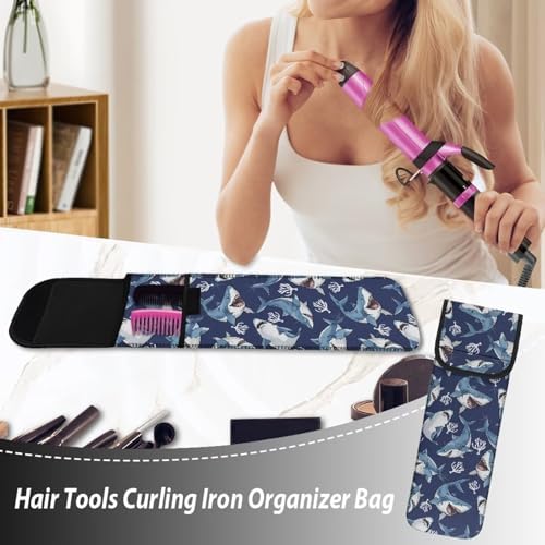 Heat Resistant Neoprene Curling Iron Holder Cover Bag Flat Iron Travel Case for Hair Tools Curling Iron Organizer Bag or Travel Daily Use, 15 x 5 Inches Shark - Image 4