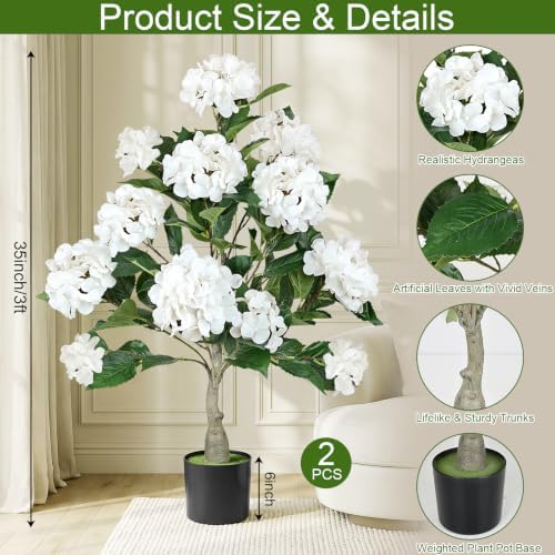 2 Pcs Faux Hydrangea Tree, 3Ft Hydrangea Artificial Flowers Potted - Image 3
