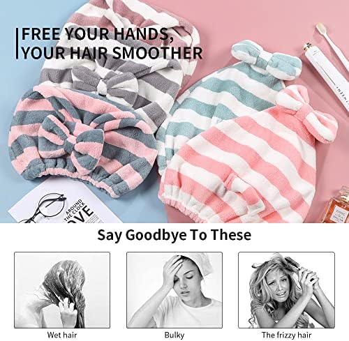 Large Microfiber Hair Towel Cap,Rapid Drying Towel For Hair,Ultra Soft Super Absorbent Hair Drying Towel Turban,Cute Gray&Pink Bow Hair Towel Wrap,Hair Drying Towels For Women Fast Dry(2pack) - Image 3