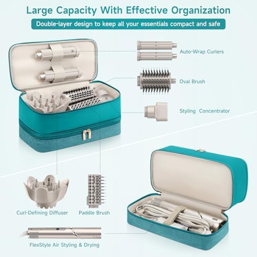 Travel Hair Dryer Case for Shark Flexstyle, Double-Layer Carrying Case for Shark Flex Style Blow Dryer, Portable Hair Tools Storage Organizer Bag for Shark Beauty Haird0yer Attchments (Teal Green) - Image 2