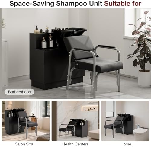 SyyBhb Black Shampoo Cabinet for Salon, Backwash Salon Storage Station with Shampoo Bowl and Reclining Chair - Image 4
