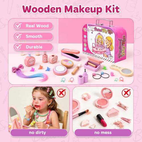 Wooden Makeup Toy Set for Toddlers 3-5, Pretend Play with Storage Case - Image 2