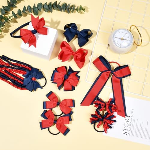 DEEKA Navy Blue & Red School Hair Accessories Set 13 Pcs Uniform Hair Bow Headband Clips Hair Ties Curly Korker Bows for Little Toddler School Girls (Navy Blue&Red) - Image 5