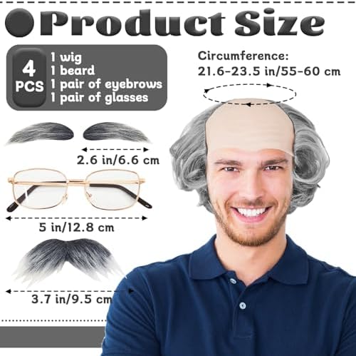 Old Man Bald Cap,Short Grey Bald Cap with Side Hair,Grandpa Wig with Glasses Mustache Eyebrows for Mens Halloween Cosplay Costume - Image 2