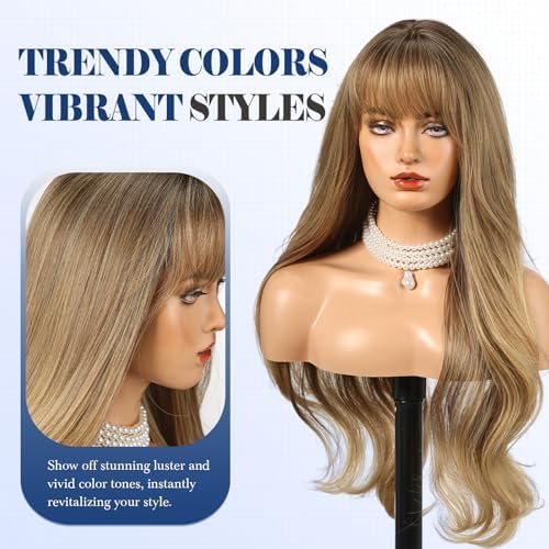 HAIRCUBE Long Blonde Mixed Brown Wig with Bangs Layered Curly Wigs for Women Natural Synthetic Wigs for Daily Use (pelucas de cabello natural) - Image 4
