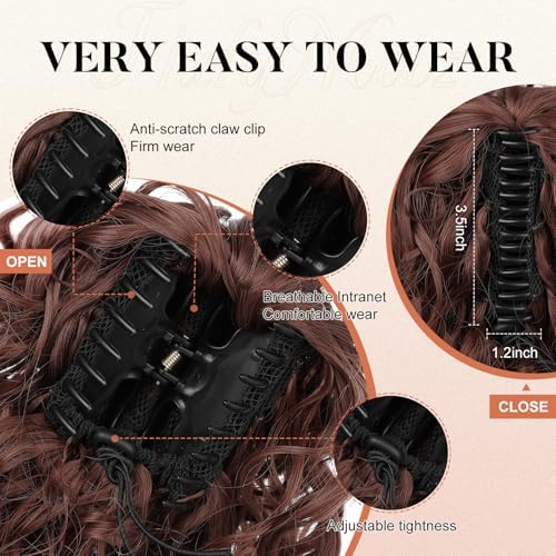 Flufymooz Ponytail Extension, 12" Short Claw Ponytail Extension Wavy Curly Jaw Clip in Pony tails Hair Extension Natural Synthetic Hairpiece for Women(Deep copper) - Image 4