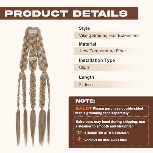 NTYNTY Viking Hair Extensions for Men – 24" Handcrafted Clip In Braided Ponytail Hairpiece for Halloween Viking Costume Renaissance Warrior Accessories - Glazed Sand - Image 2