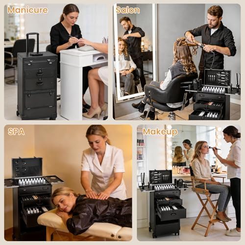 Travel Salon Cart with 4 Drawers, Hair Stylist Cart on Wheels Portable Salon Station with Aluminum Alloy Frame and Worktop Tray, Rolling Makeup Train Case Cosmetology Case - Image 5