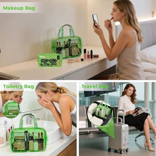 2PCS Clear Star Print Waterproof Makeup Bag, Lagre PVC Cosmetic Pouch with Zipper, Travel Toiletry Organizer for Women, Small Personal Item for Travel, Business Trip, Gym & Daily Use (Green) - Image 5