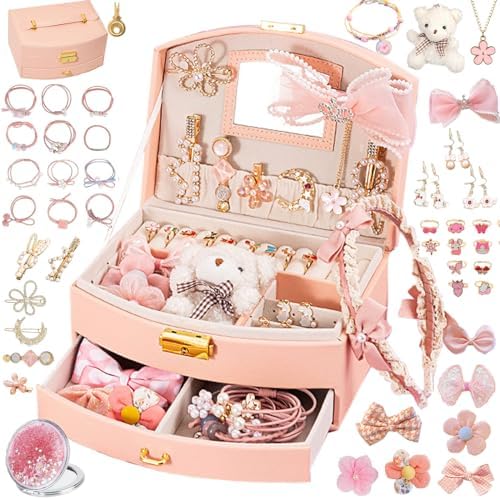 Princess Jewelry Box for Girls with Hair Accessories,Girls Hair Clips Bows Set, Fashion Hair Styling Kit with Mirror,Pink Sparkle Trinket Box Includes Hair Clips by Unknown
