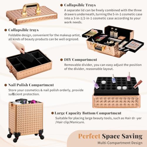 AROUS 5 in 1 Rolling Makeup Train Case with Lid Cosmetology Case on Wheels - Image 3