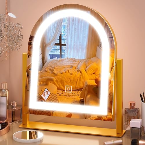 FENNIO Large Vanity Mirror with Lights - 15.5"x13" LED Lighted Makeup Mirror with Lights, 10X Magnification, Touch Screen with 3-Color Lighting, Dimmable, for Vanity Desk Tabletop, Bedroom（Gold） by FENNIOLEDMIRRORS