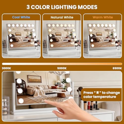 Vanity Mirror with Lights, 23"×19" Hollywood Makeup Mirror with 15 Dimmable Bulbs, 3-Color Lighting, Dimmable, 360° Rotation, 10x Magnification, Desk Mirror, Bedroom (White) - Image 3