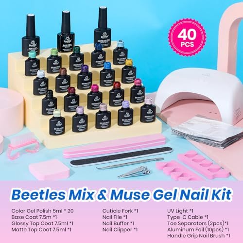 Beetles Deal Box Gel Nail Polish Kit with UV Light, 20 Colors 40pcs DIY Set - Image 3