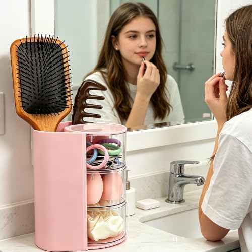 Hair Accessories Hair Ties Organizer with Hair Brush Holder - Pink - Image 5