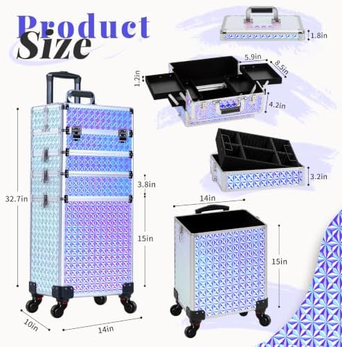 AROUS 5 in 1 Rolling Makeup Train Case with Lid Cosmetology Case on Wheels - Image 4